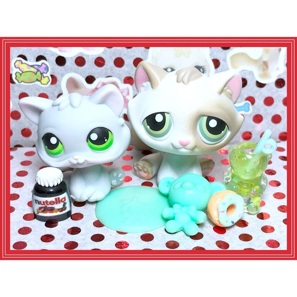 Authentic Littlest Pet Shop LPS #88 #197 Tabby Cat Kitten Mom & Baby Green Eyes